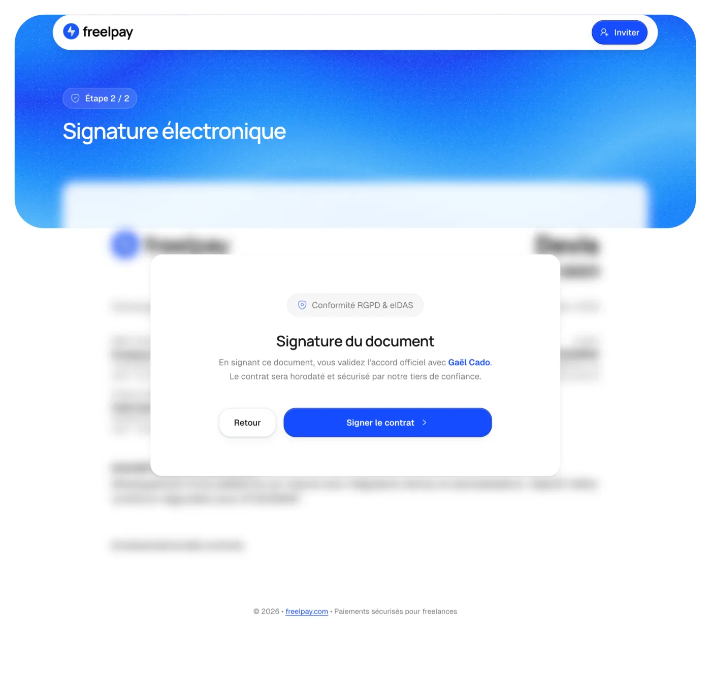 Freelpay electronic signature interface with private details blurred