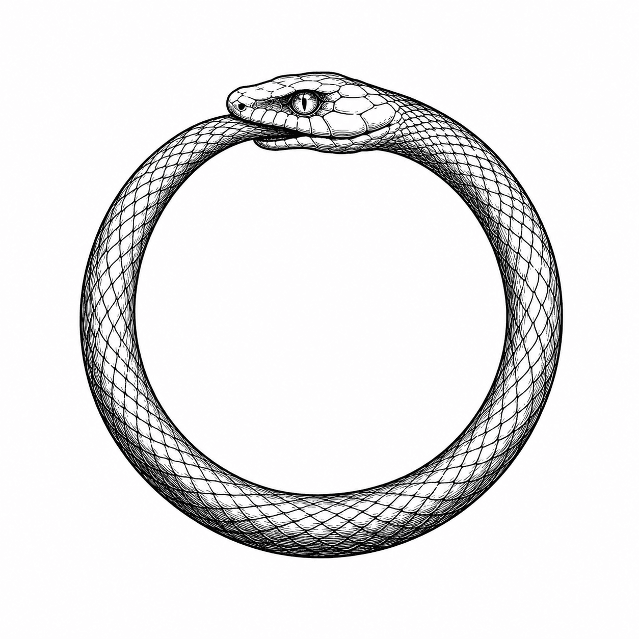 A dark-ink ouroboros on a plain white field