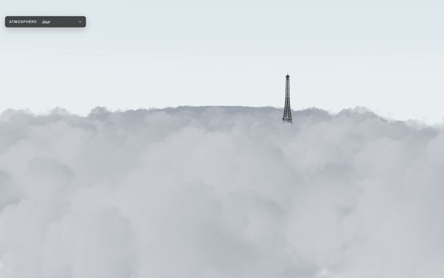 The Eiffel Tower emerging above a dense procedural cloud layer in the daylight preset