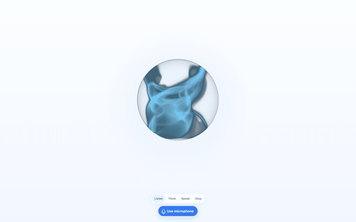 A folded blue translucent substance inside a glass sphere with voice-state controls