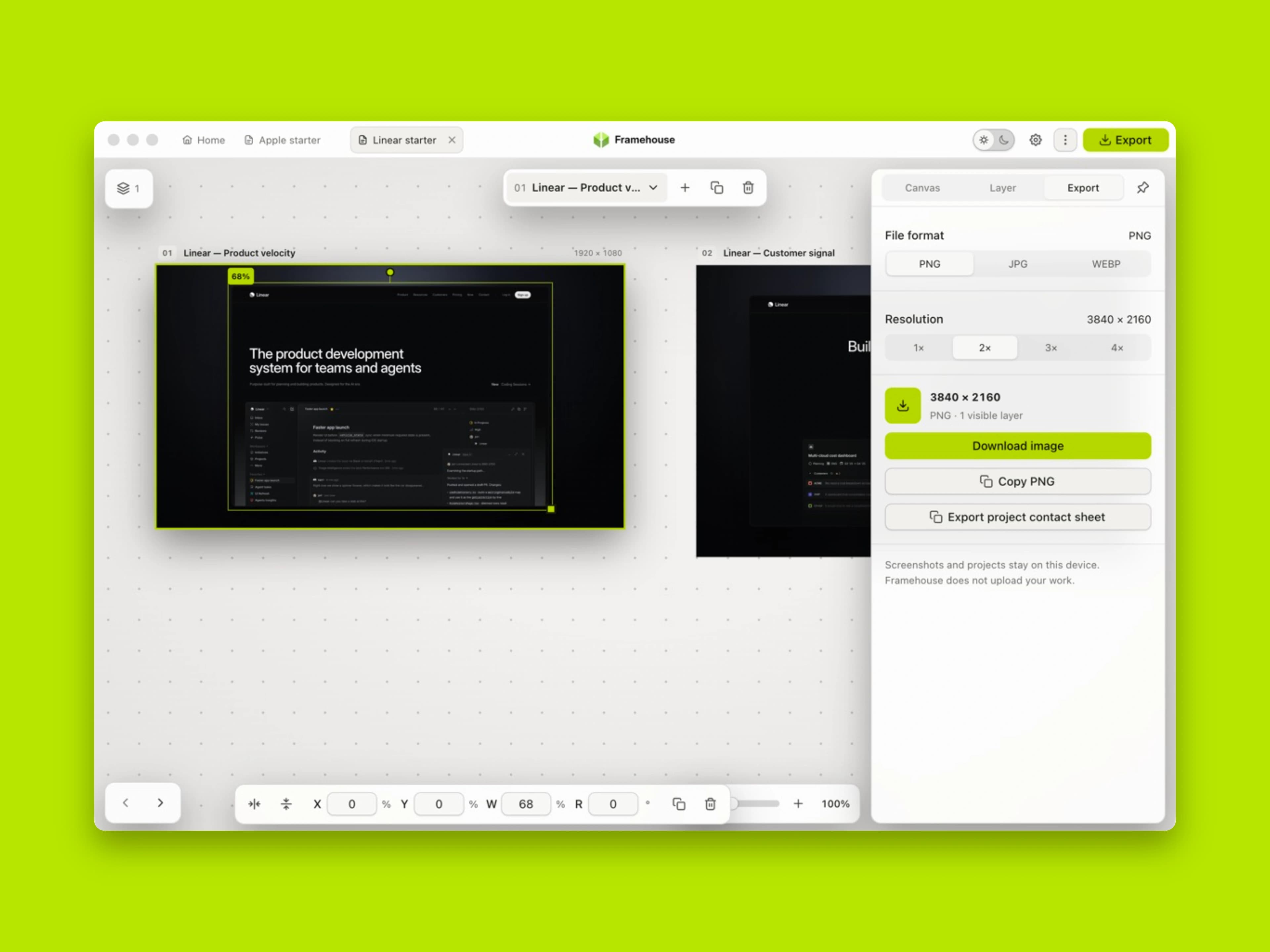 Framehouse export workflow presented on the app's signal-lime background